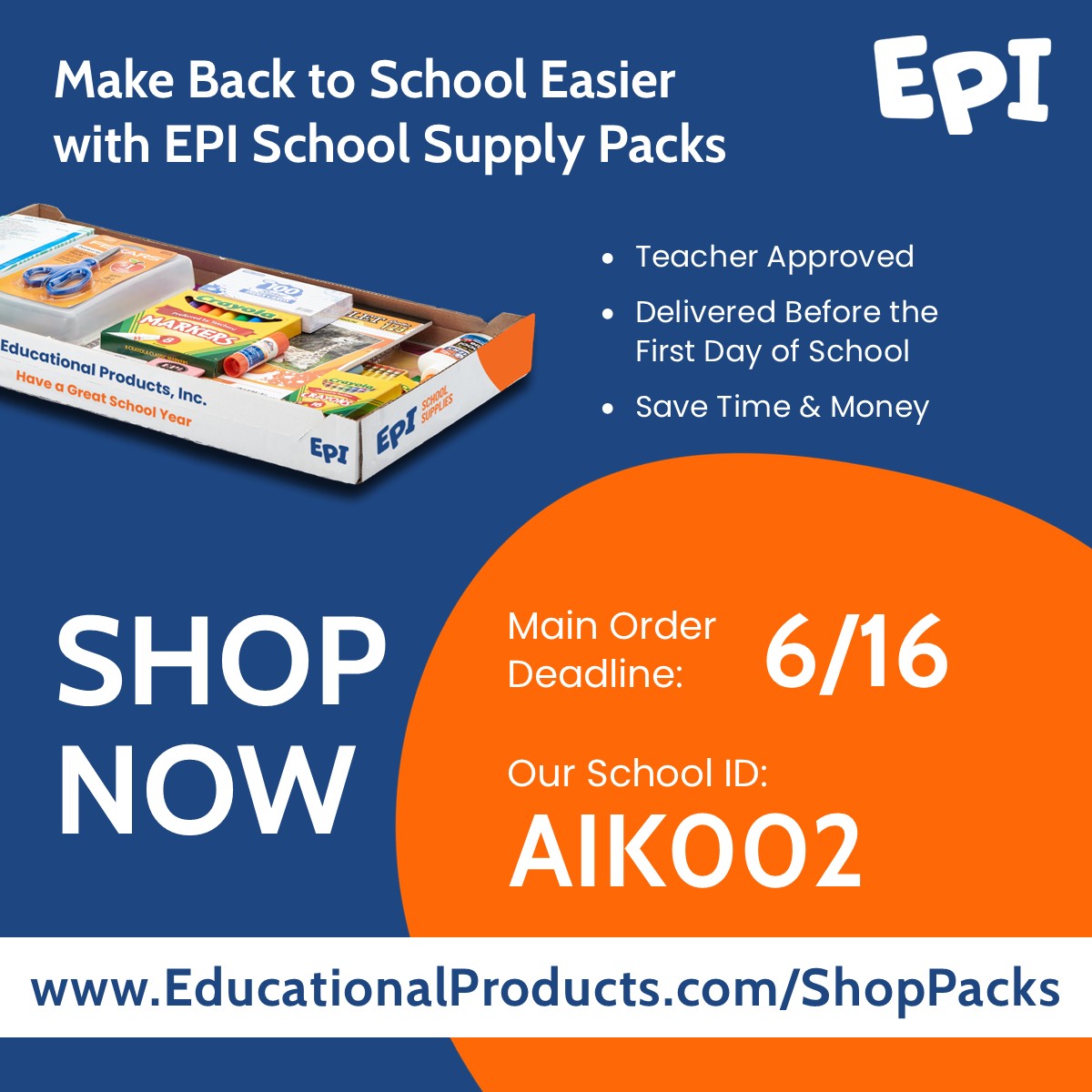 Order school supplies by June 16 by going to www.EducationalProducts.com/ShopPacks and use the code AIK002