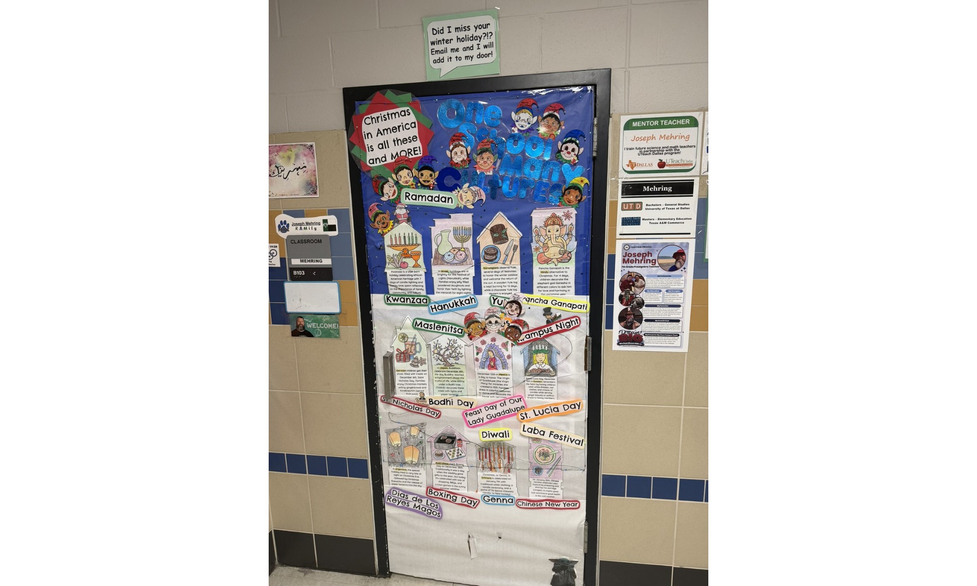 A school door covered in blue paper and decorated with student-made holiday artwork and photos.