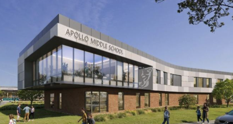 Architectural rendering of exterior of the future Apollo Middle School