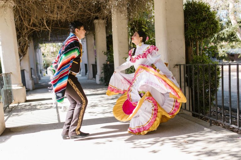 Vibrant outdoor scene of a traditional Mexican dance performance with colorful attire and lively movement.