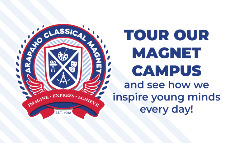 Informational graphic for Arapaho Classical Magnet tours, featuring the school logo with arts symbols. Text describes the school as "The Visual Arts, Performing Arts, Media Arts, and Applied Arts Magnet," lists tour dates from Dec. 2 through Feb. 24, and provides contact information for Daniel Sandoval.