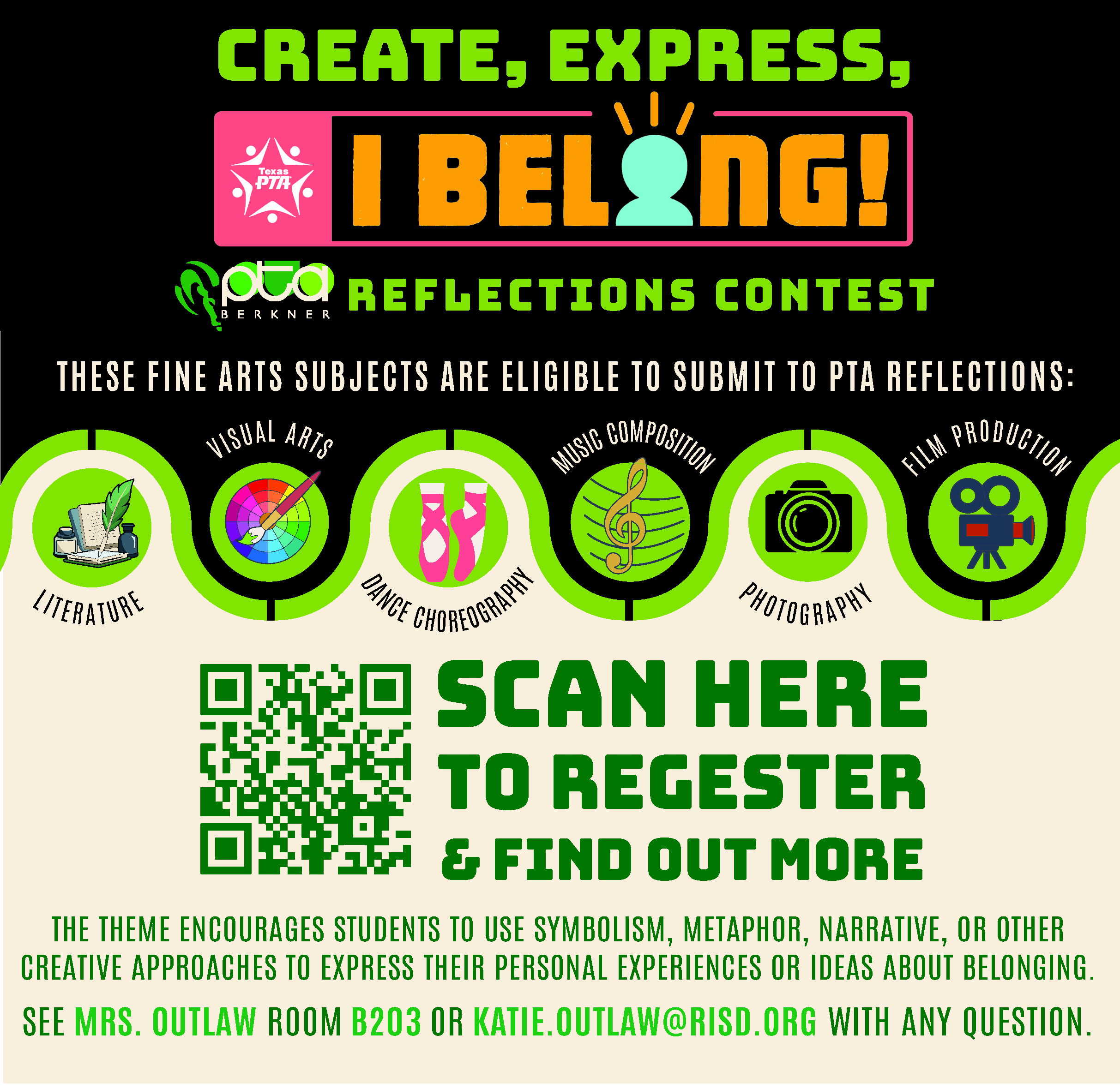 Flyer for the PTA Reflections Contest with the theme Create, Express, I Belong! featuring icons for six fine arts categories—literature, visual arts, dance choreography, music composition, photography, and film production.