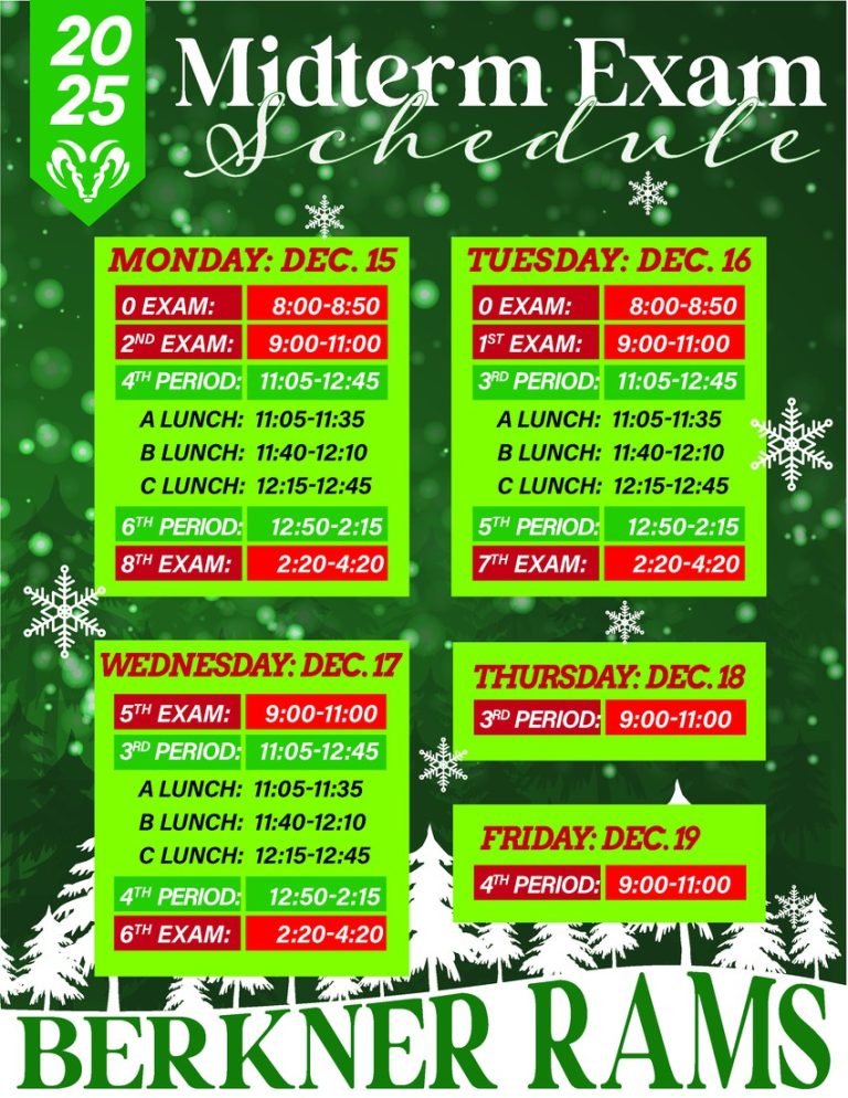 A green and red graphic titled '2025 Midterm Exam Schedule' for the BERKNER RAMS. The schedule is detailed by day included in post