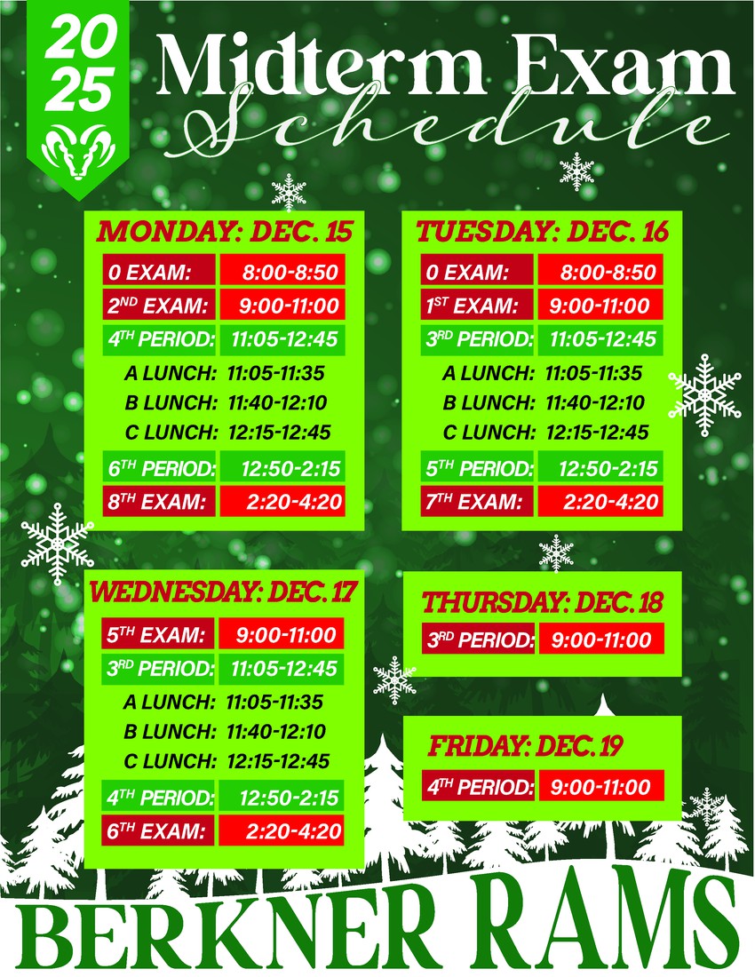 A green and red graphic titled '2025 Midterm Exam Schedule' for the BERKNER RAMS. The schedule is detailed by day included in post