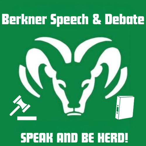 Berkner Speech & Debate logo featuring a white ram head on a green background. The image includes a gavel icon on the left, a binder icon on the right, and the team motto "SPEAK AND BE HERD!" at the bottom.