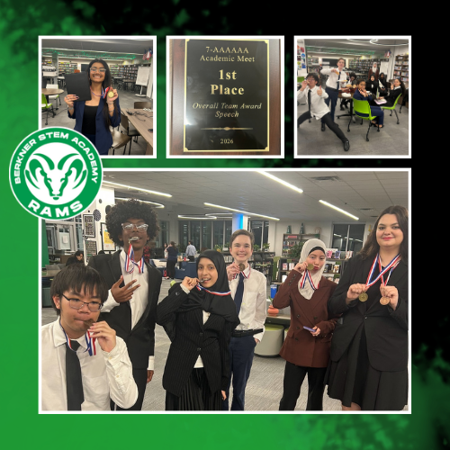 A photo collage celebrating the Berkner STEM Academy Rams' success at the 2026 7-AAAAAA Academic Meet. The top left shows a female student smiling with a medal and folder; the top middle shows a black and gold plaque for "1st Place Overall Team Award Speech"; the top right shows a group of students in professional attire posing playfully in a library. The large bottom photo features six students in suits and hijabs proudly wearing and biting their UIL medals, with the green Berkner Rams logo in the corner.