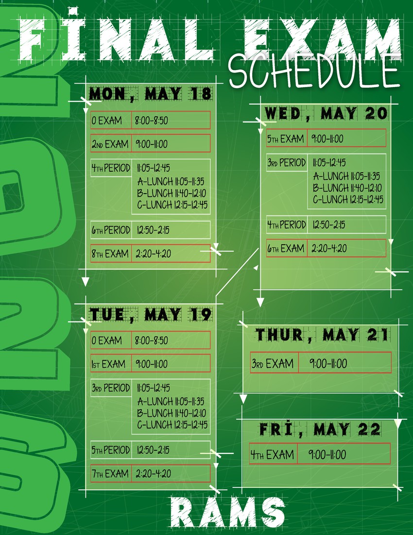 An image of a high school final exam schedule for the "Rams." The graphic features a green blueprint-style background with white grid lines and technical drafting marks. Large text at the top reads "FINAL EXAM SCHEDULE" and "2023" is written vertically on the left side.