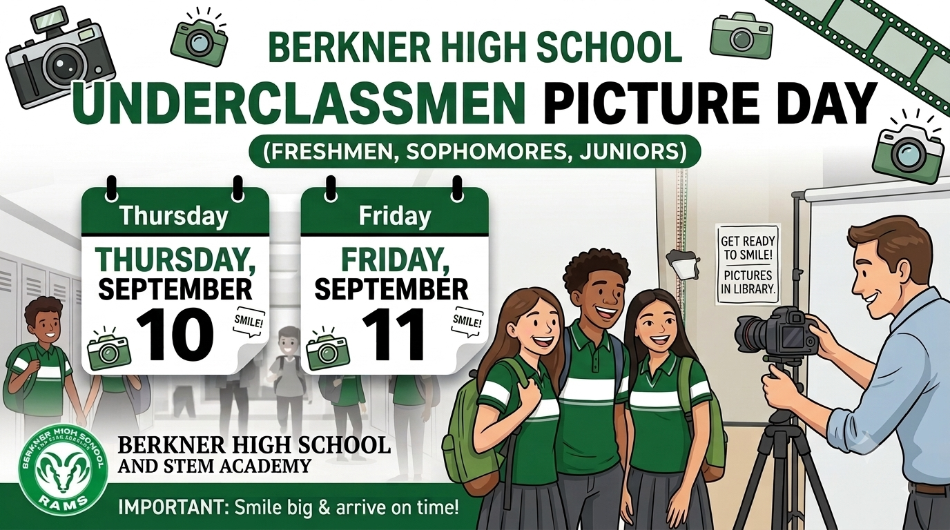 16:9 graphic for Berkner High School Underclassmen Picture Day on Thursday, September 10 and Friday, September 11. Features cartoon illustrations of students and a photographer, school logo, and a background sign that reads "Pictures in Library."
