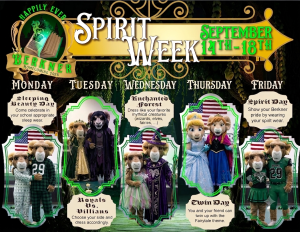 Flyer for Berkner Homecoming 2026 "Happily Ever Berkner" Spirit Week, taking place September 14th–18th. Features daily dress-up themes illustrated with photos of school mascot rams in costumes: Monday: Sleeping Beauty Day (school-appropriate sleepwear). Tuesday: Royals vs. Villains (dress as a royal or a villain). Wednesday: Enchanted Forest (mythical creatures like wizards, elves, or fairies). Thursday: Twin Day (matching fairytale outfits with a friend). Friday: Spirit Day (Berkner spirit wear).