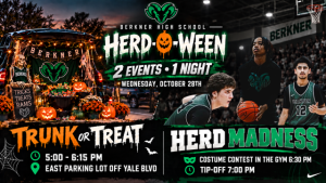 Flyer for Berkner High School's "Herd-O-Ween" event on Wednesday, October 28th, featuring Trunk or Treat from 5:00 to 6:15 PM in the East Parking Lot off Yale Blvd, followed by Herd Madness in the gym with a costume contest at 6:30 PM and basketball tip-off at 7:00 PM.