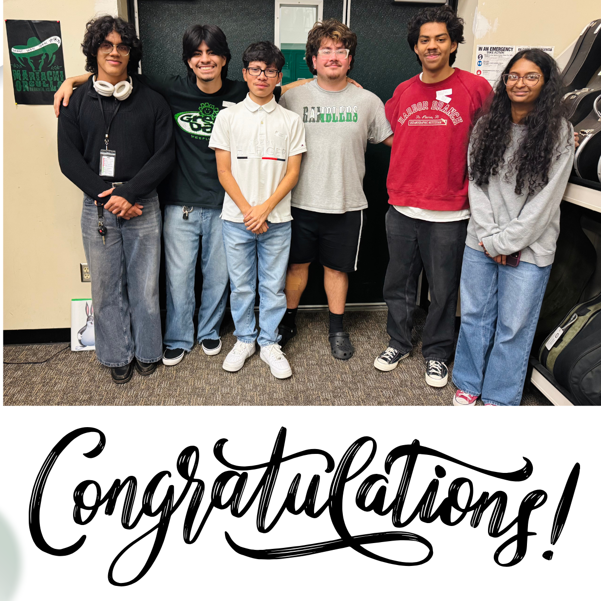 A graphic with a white background featuring a photograph of six diverse Berkner High School students standing side-by-side in a band room, dressed in casual clothing. Below the photo, the word 'Congratulations!' is rendered in large, ornate, black script.