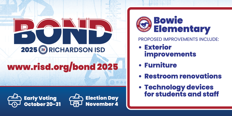 Bond 2025 Bowie Elementary proposed improvements: exterior improvements, furniture, restroom renovations, technology devices for students and staff. Early voting October 20–31, Election Day November 4.