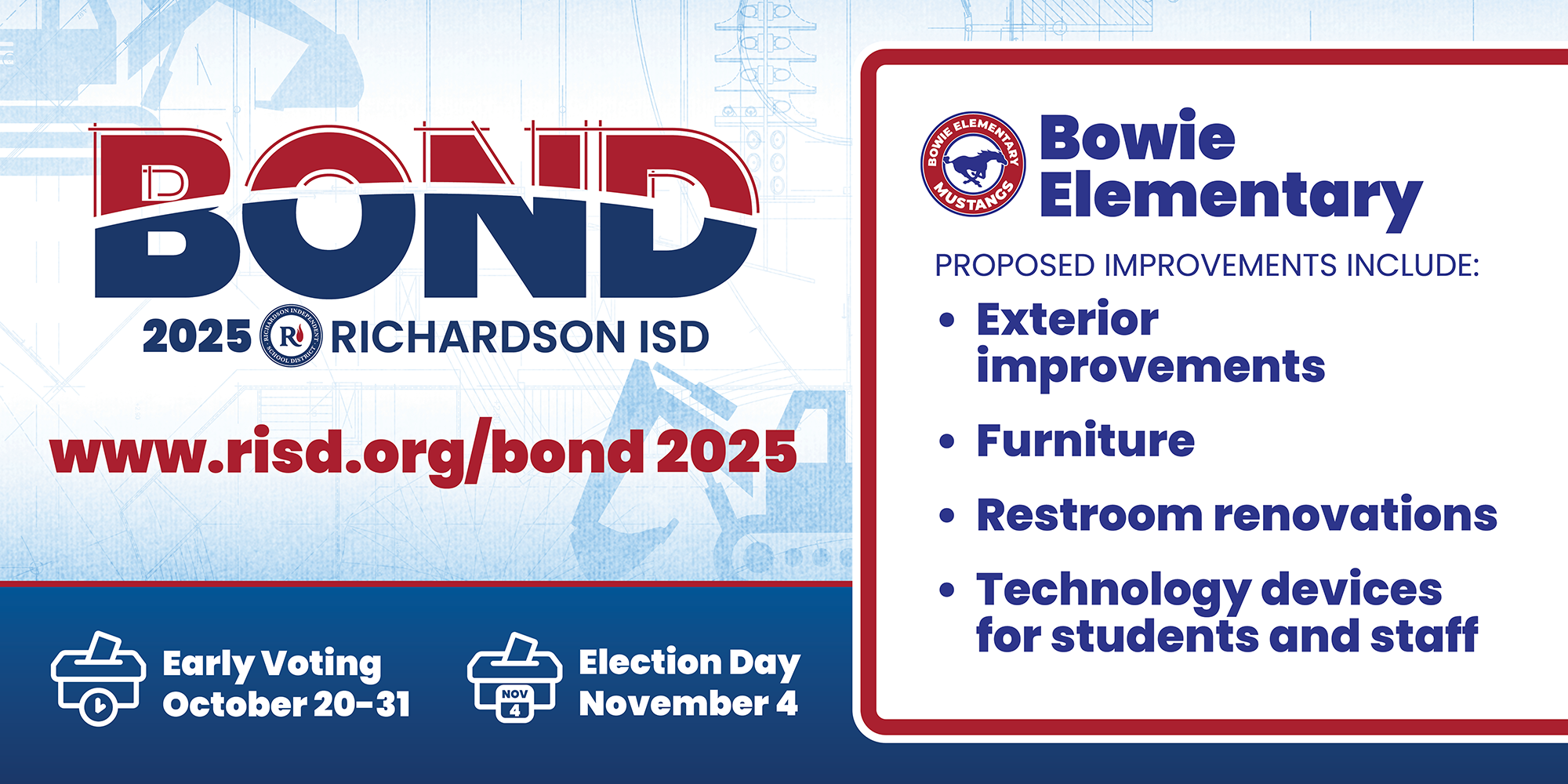 Bond 2025 Bowie Elementary proposed improvements: exterior improvements, furniture, restroom renovations, technology devices for students and staff. Early voting October 20–31, Election Day November 4.