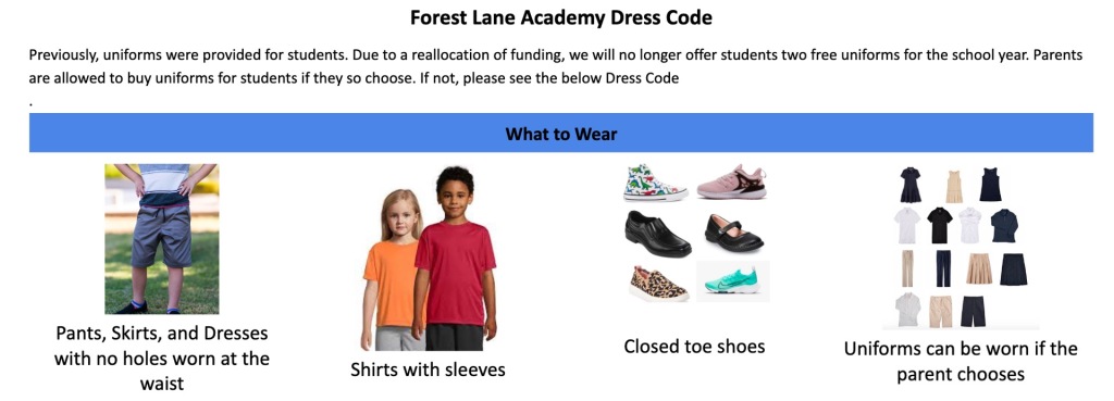 This is a picture of examples of dress code with examples of what articles of clothing are appropriate to wear.