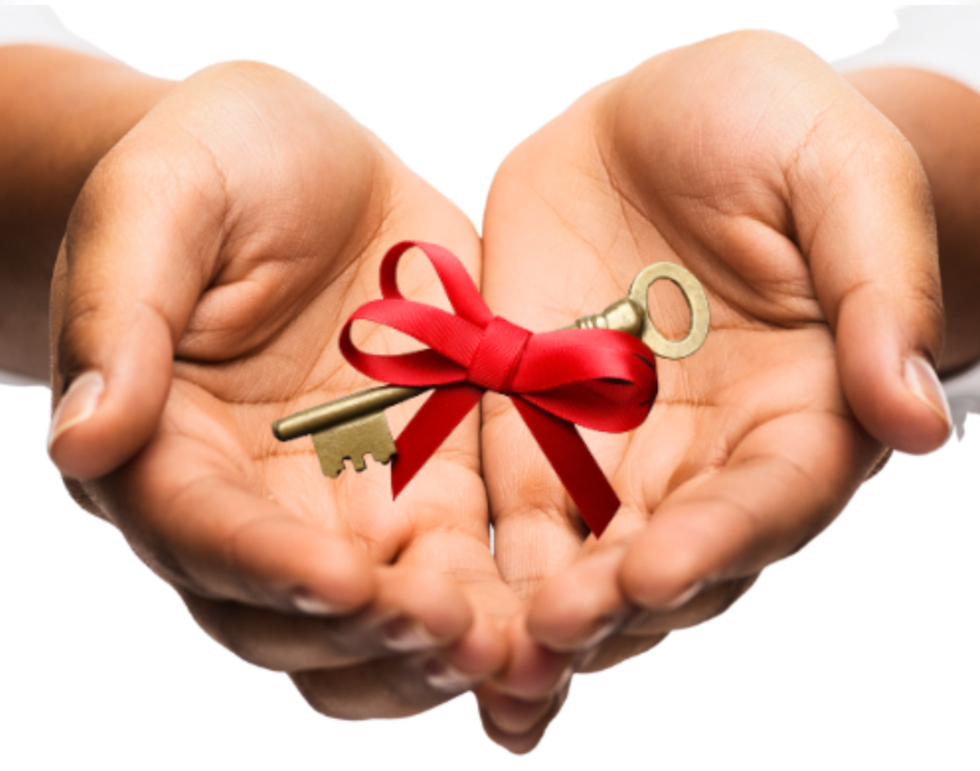 This is a picture of hands holding a key with a red ribbon tied around it.