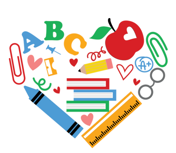 This is a picture of school supplies and and A, B, and C in the shape of a heart