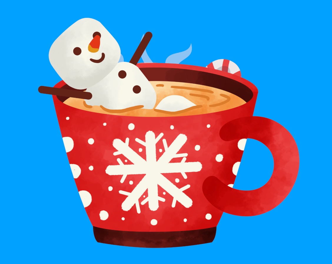 This is a picture of a snowman floating in hot cocoa