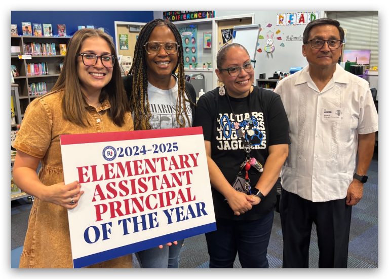 FLA celebrates as Dr. Herrera as chosen as Elementary Assistant Principal of the Year! Pictured from left to right: Assistant Principal, Dr. Herrera, PreK 4 Teacher, Ms. Kennedy, PreK3 teacher, Ms. Pinilla and proud father of Dr. Herrera, Mr. Robert Fernandez