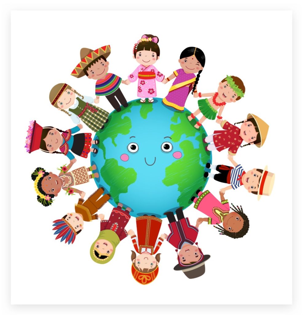 This is a picture of a diverse group of children standing on the world.