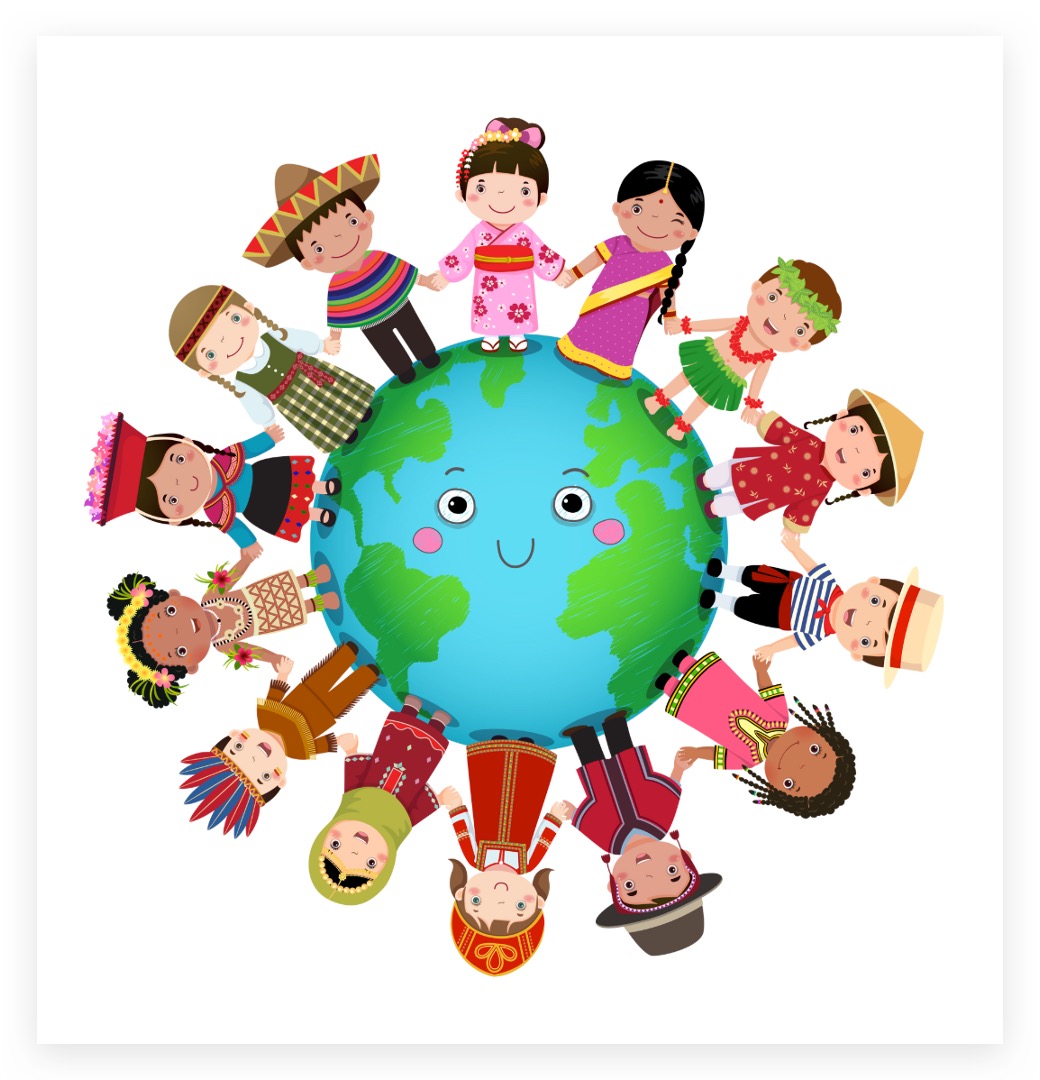 This is a picture of a diverse group of children standing on the world.
