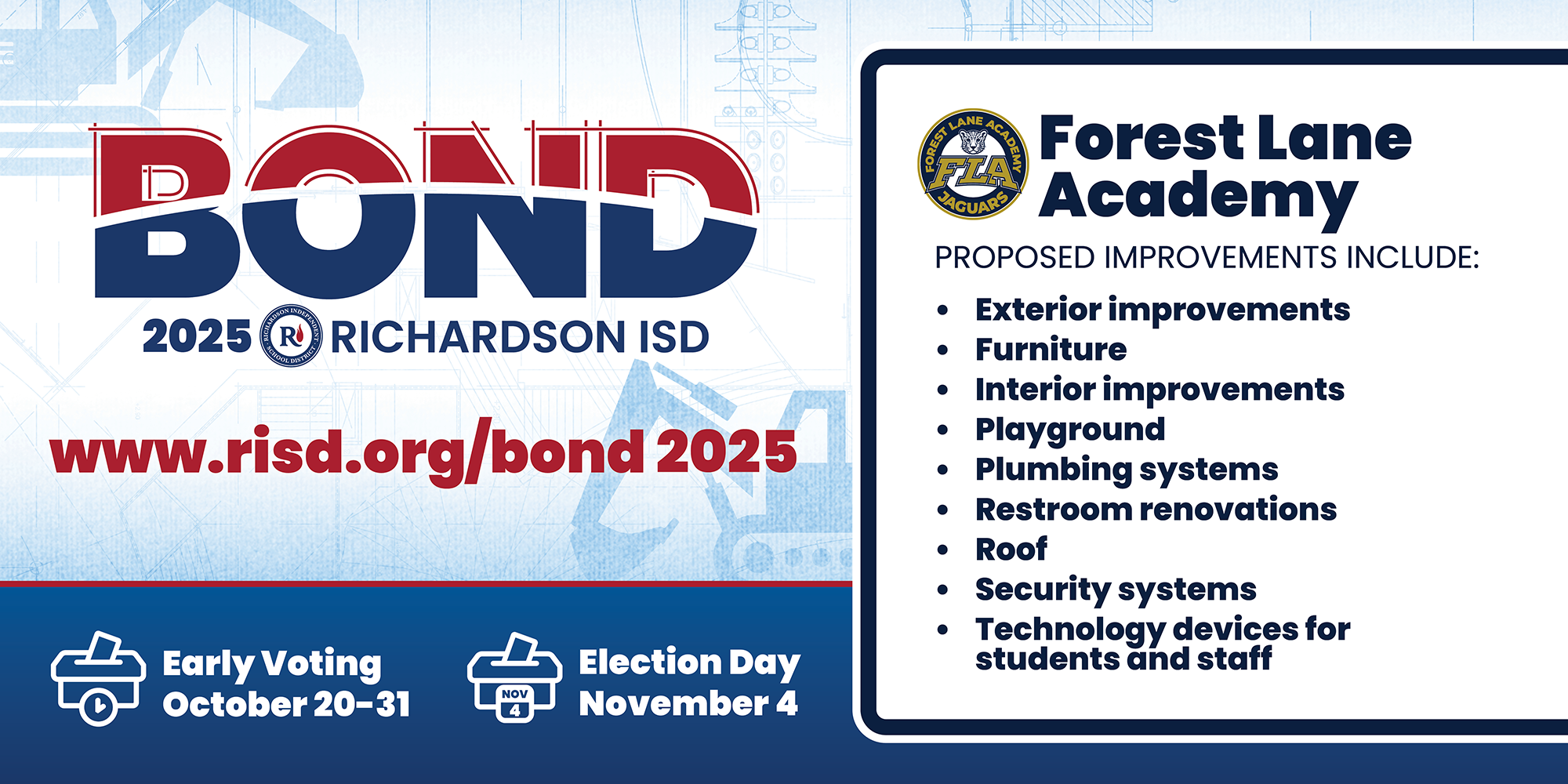 Bond 2025 Forest Lane Academy proposed improvements: exterior improvements, furniture, interior improvements, playground, plumbing systems, restroom renovations, roof, security systems, technology devices for students and staff. Early voting October 20–31, Election Day November 4.