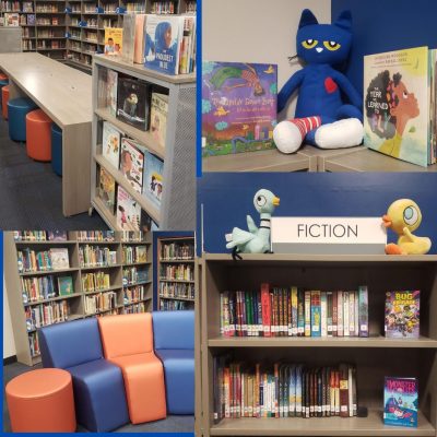 Assorted pictures from within the Forest Lane library including the juice bar study area, Pete the Cat with books, the fiction section, and non-fiction section