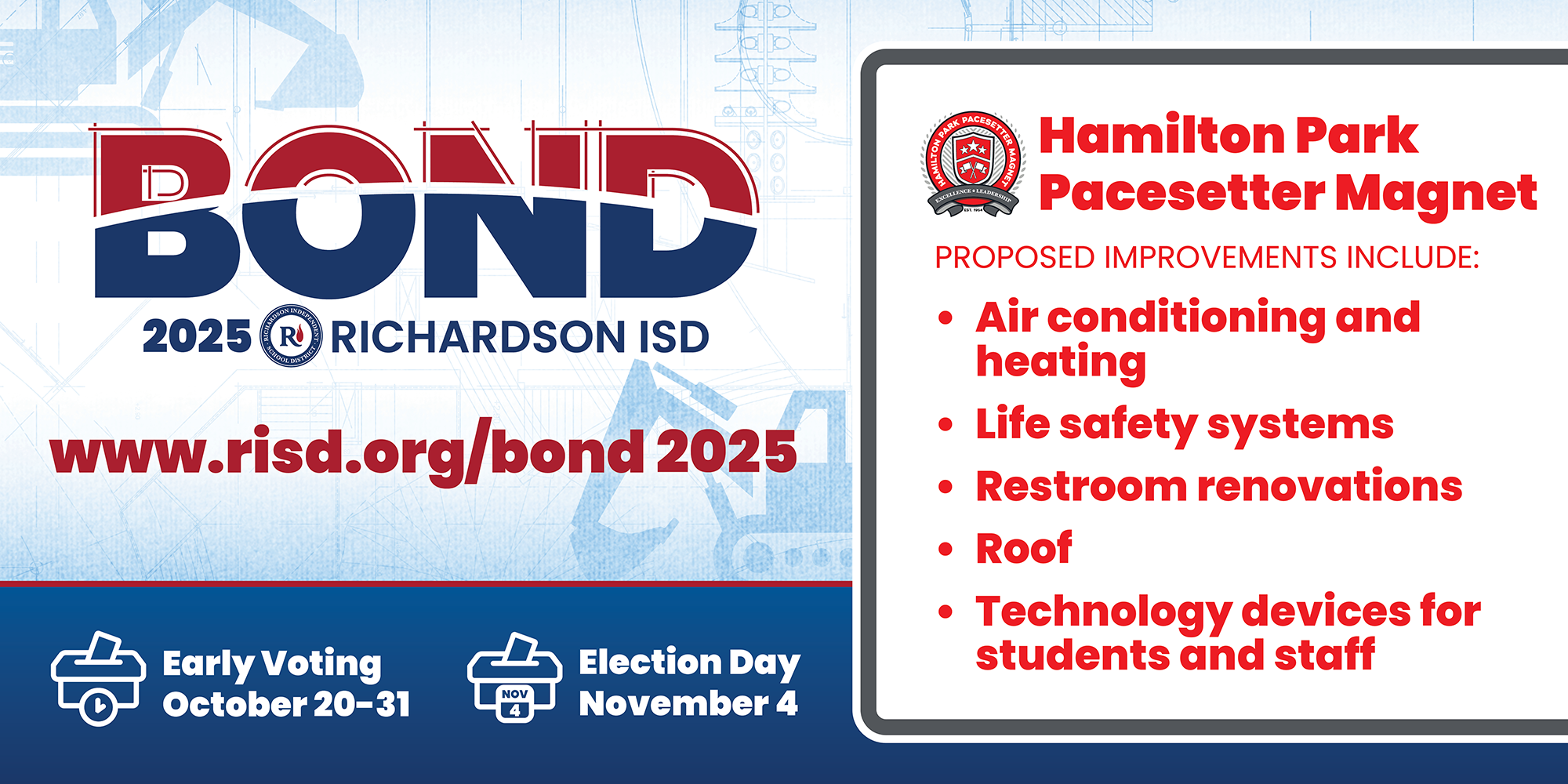 Bond 2025 Hamilton Park Pacesetter Magnet proposed improvements: air conditioning and heating, life safety systems, restroom renovations, roof, and technology devices for students and staff. Early voting October 20–31, Election Day November 4.