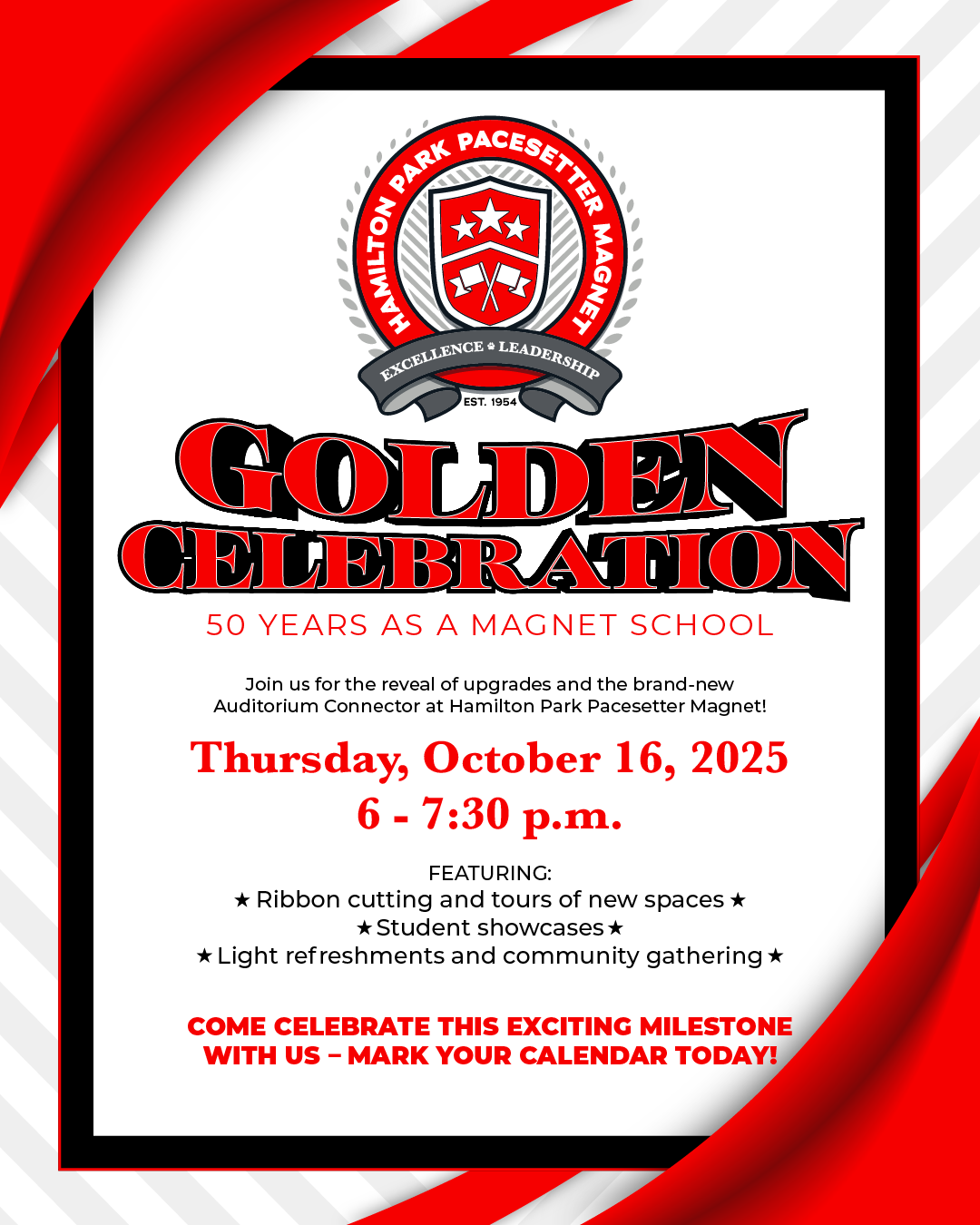Flyer for Hamilton Park Pacesetter Magnet’s Golden Celebration on October 16, 2025, from 6 to 7:30 p.m., celebrating 50 years as a magnet school with ribbon cutting, student showcases, and refreshments.