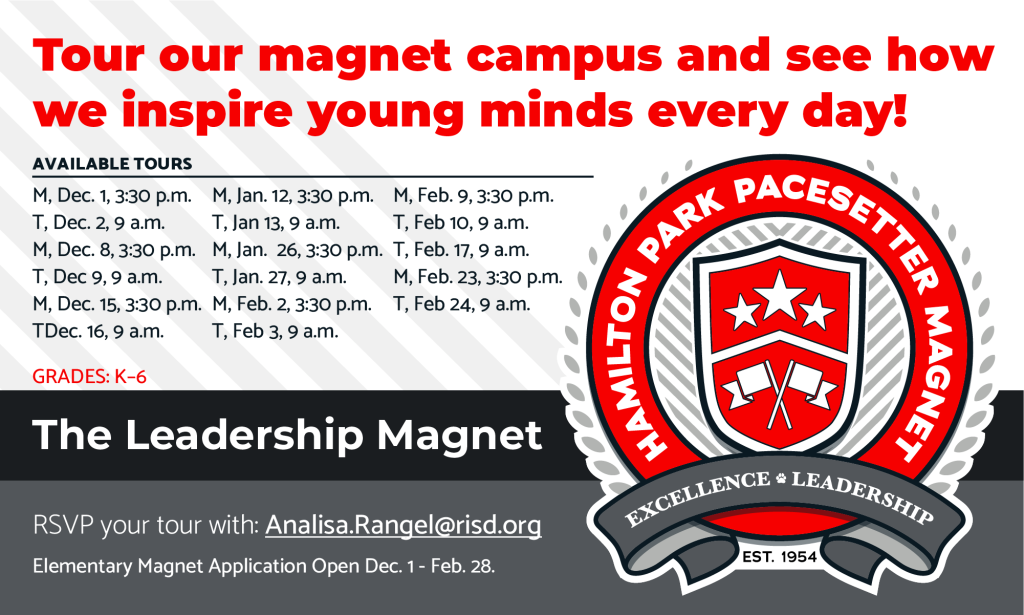 Informational graphic for Hamilton Park Pacesetter Magnet tours, featuring the school crest with the motto "Excellence and Leadership." It lists "The Leadership Magnet" tour dates from Dec. 1 through Feb. 24 and contact information for Analisa Rangel.