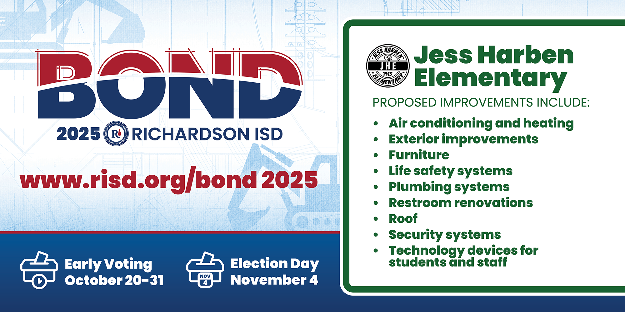 Bond 2025 Jess Harben Elementary proposed improvements: air conditioning and heating, exterior improvements, furniture, life safety systems, plumbing systems, restroom renovations, roof, security systems, and technology devices for students and staff. Early voting October 20–31, Election Day November 4.