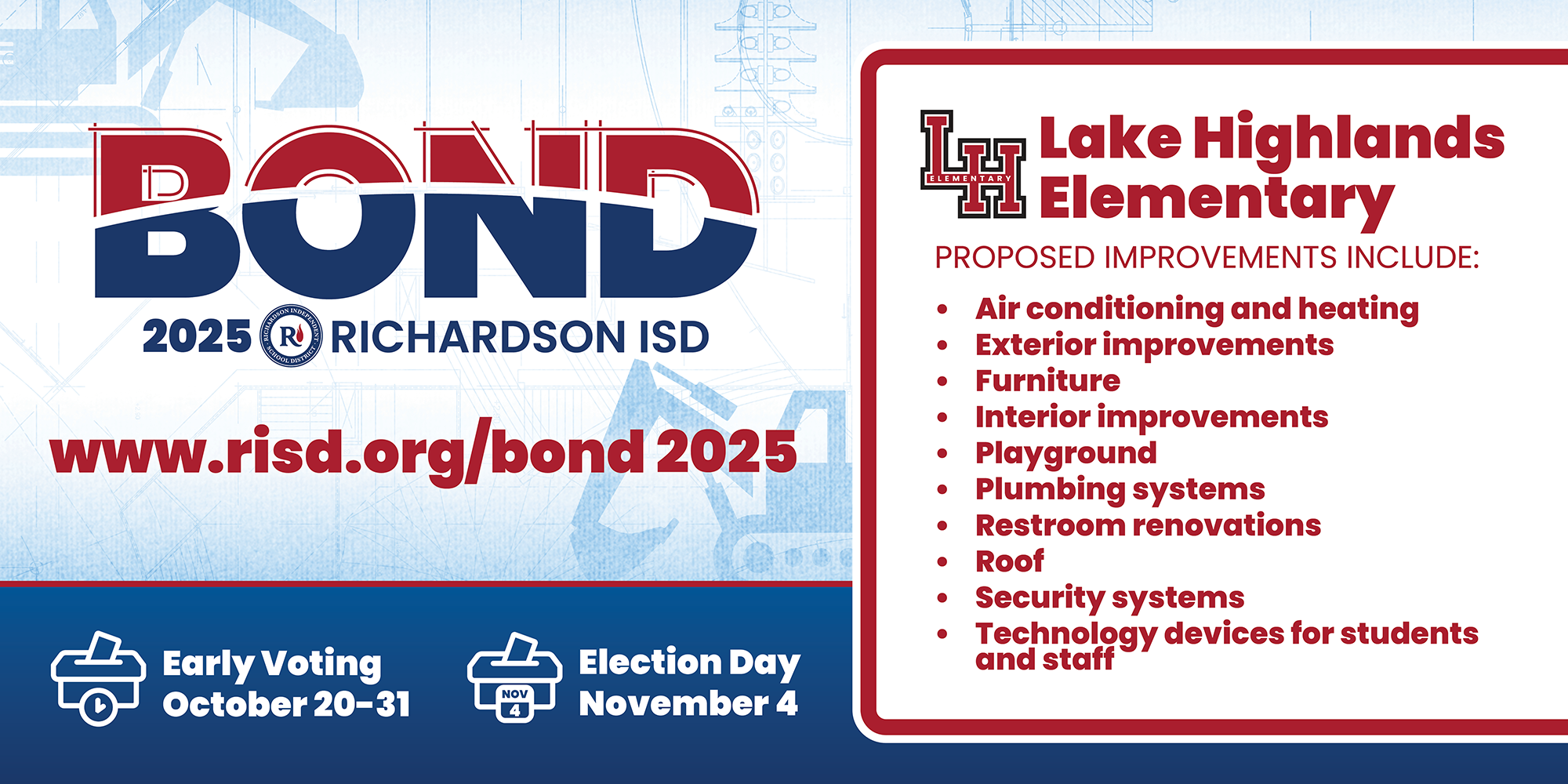 Bond 2025 Lake Highlands Elementary proposed improvements: air conditioning and heating, exterior improvements, furniture, interior improvements, playground, plumbing systems, restroom renovations, roof, security systems, and technology devices for students and staff. Early voting October 20–31, Election Day November 4.