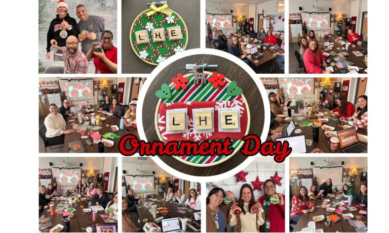 A collage of photos showing various Lake Highlands Elementary staff members making holiday ornaments together.