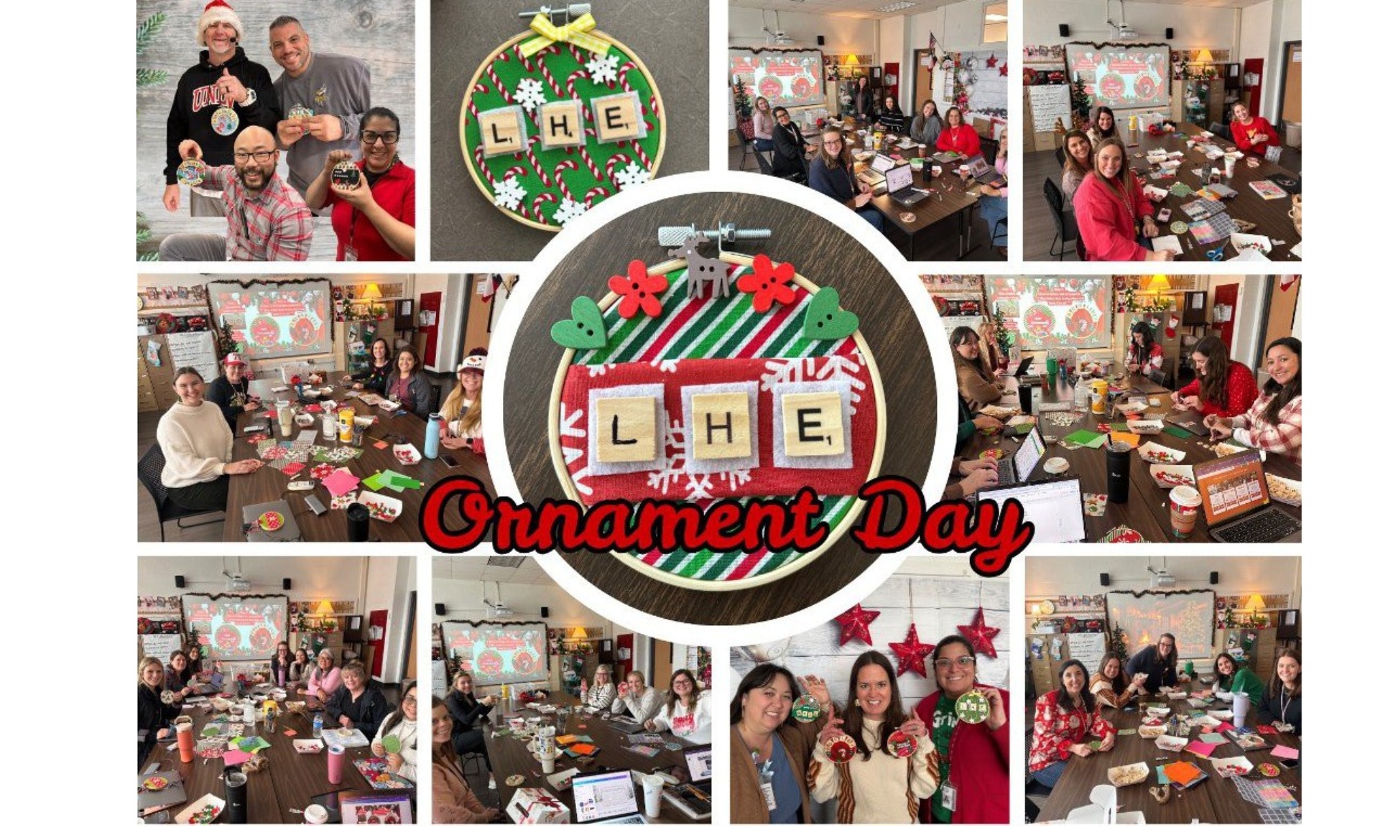 A collage of photos showing various Lake Highlands Elementary staff members making holiday ornaments together.