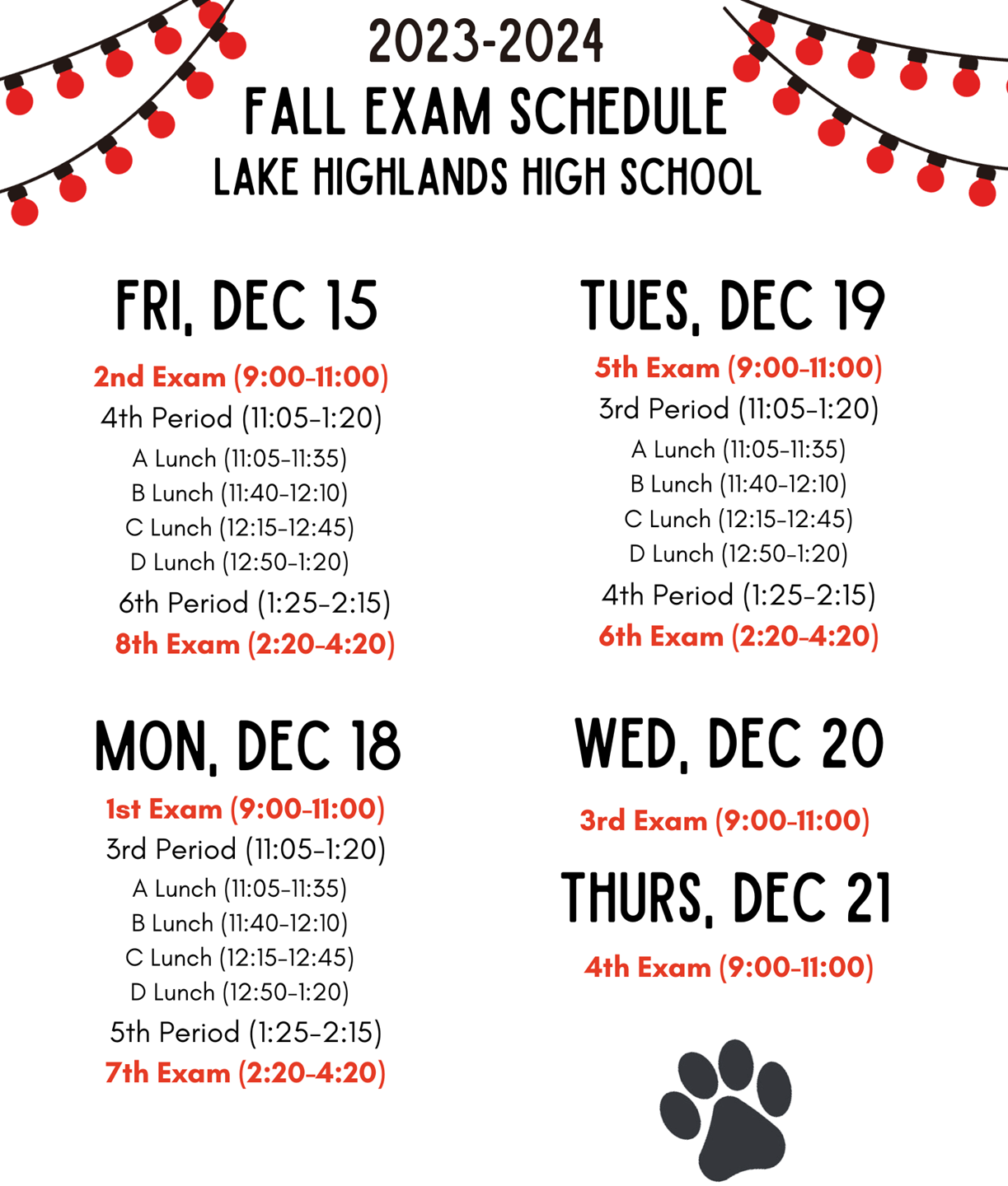 2324 Fall Exam Schedule Lake Highlands High School