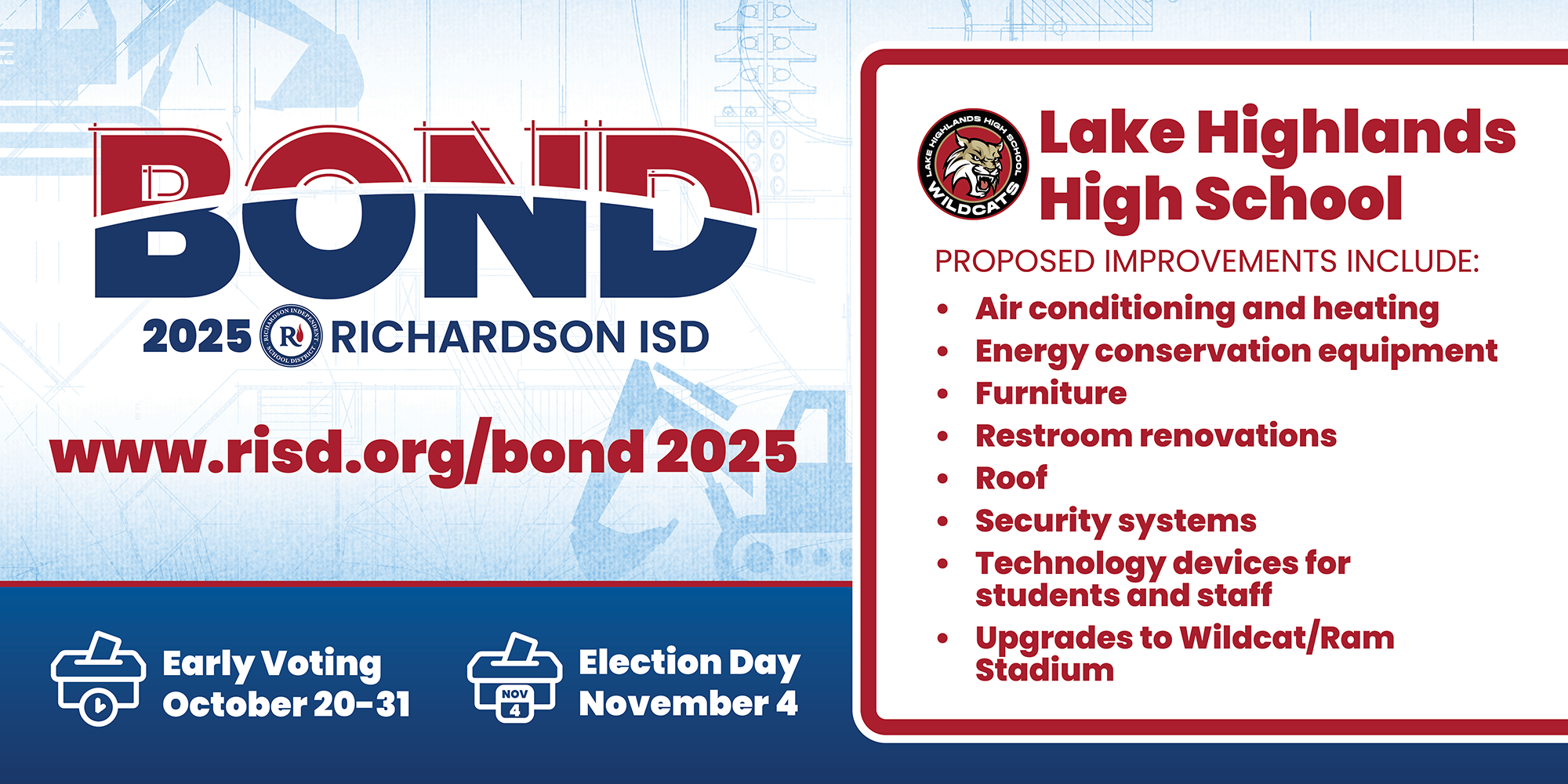 Bond 2025 Lake Highlands High School proposed improvements: air conditioning and heating, energy conservation equipment, furniture, restroom renovations, roof, security systems, technology devices for students and staff, and upgrades to Wildcat/Ram Stadium. Early voting October 20–31, Election Day November 4.