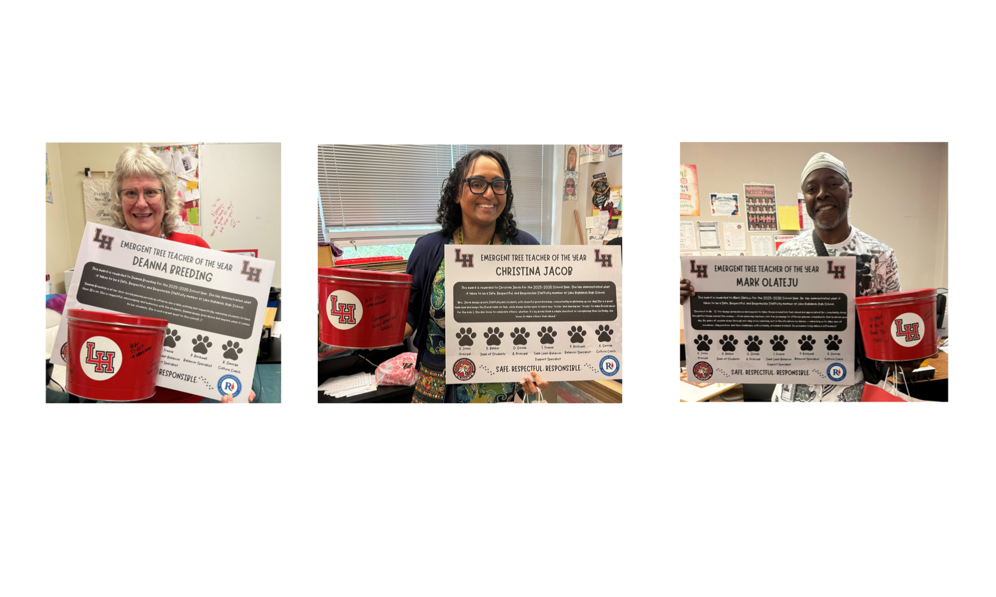 The following teachers were recognized for receiving the most SAFE, RESPECTFUL, and RESPONSIBLE shoutouts from their fellow Staffulty members during the 2025-2026 school year: Deanna Breeding (Special Education, Developmental Learning Classroom), Christina Jacob (AdvancedAlgebra2andPreCalculus), Markolate Ju (Algebraic Reasoning).