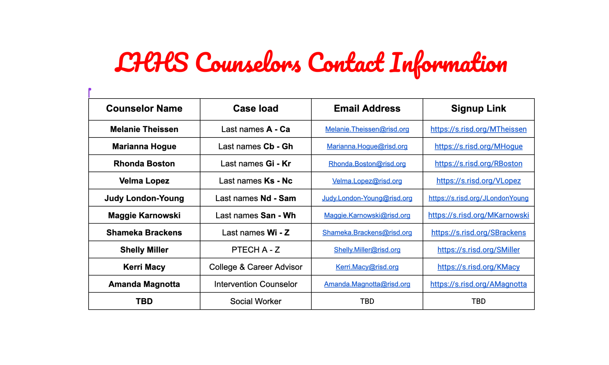Counselor Contact Info