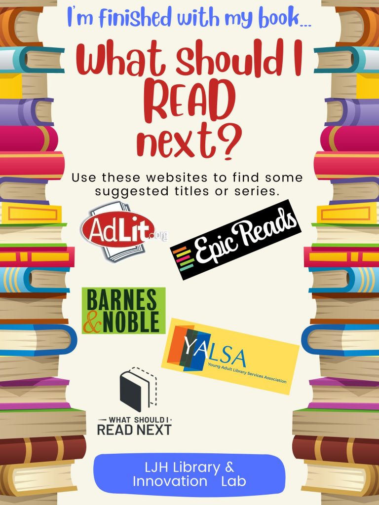 I'm finished with my book...What should I read next? Use these websites to find some suggested titles or series. AdLit.com Epic Reads Barnes & Noble Young Adult Library Services Association What Should I Read Next? Liberty Junior High Library & Innovation Lab
