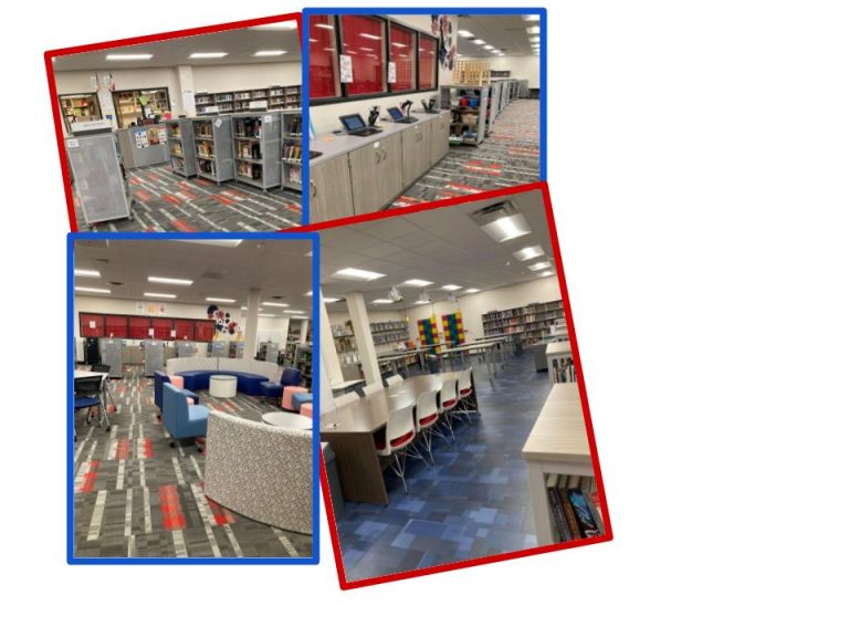 Top left: Circulation/Graphic Novels Top right: Self-Check Out Station Bottom left: Casual Seating Bottom right: Innovation Lab