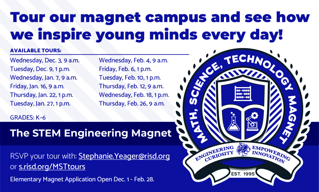 Informational graphic for the Math, Science, Technology Magnet. It features the school seal with the motto "Engineering Curiosity, Empowering Innovation," identifies the school as "The STEM Engineering Magnet," and lists tour dates from Dec. 3 through Feb. 26 alongside contact information for Stephanie Yeager.