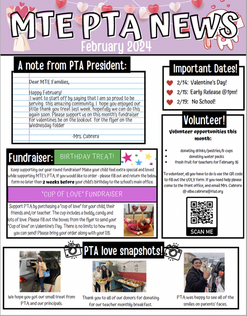 English flyer for Parent Teacher Association volunteering.
