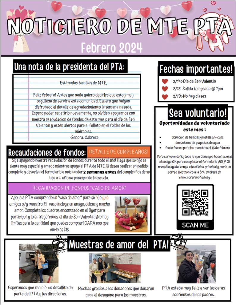 Spanish flyer for Parent Teacher Association volunteering.