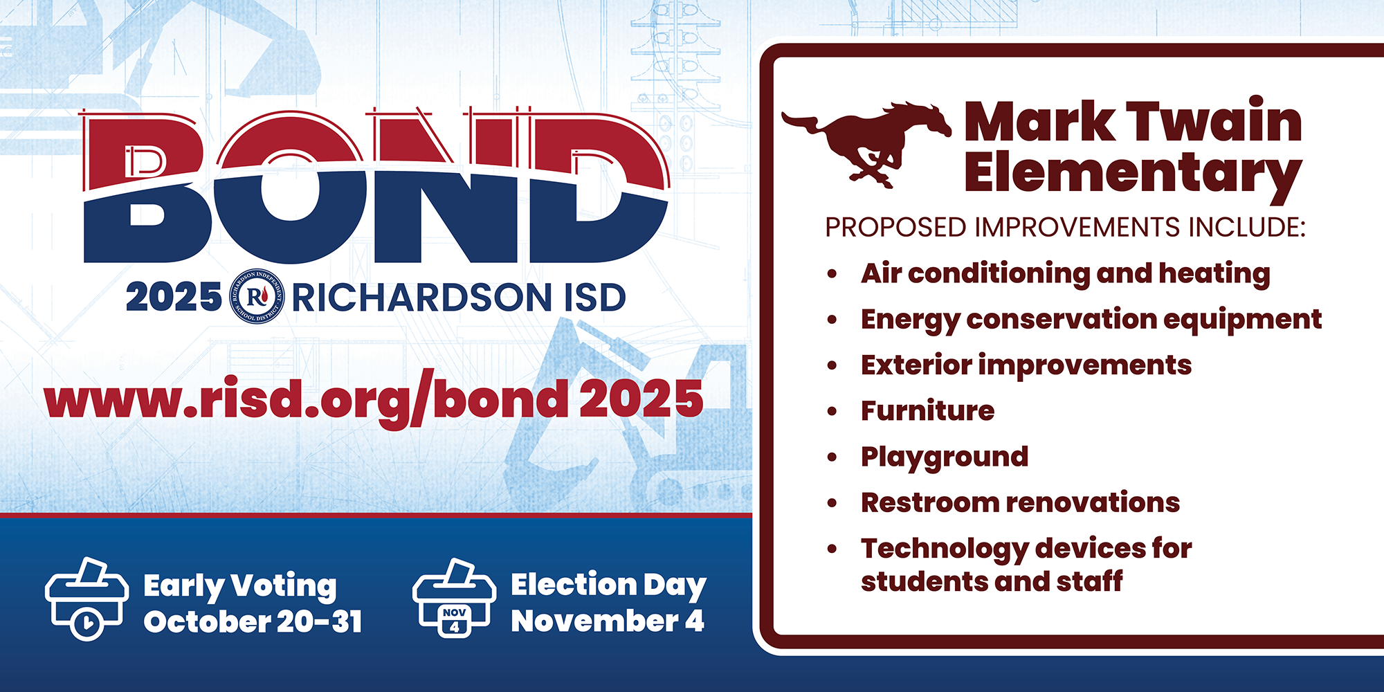Bond 2025 Mark Twain Elementary proposed improvements: air conditioning and heating, energy conservation equipment, exterior improvements, furniture, playground, restroom renovations, and technology devices for students and staff. Early voting October 20–31, Election Day November 4.