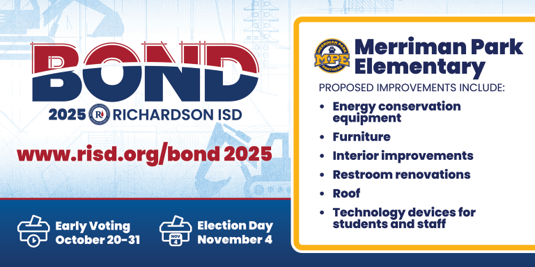 Bond 2025 Merriman Park Elementary proposed improvements: energy conservation equipment, furniture, interior improvements, restroom renovations, roof, and technology devices for students and staff. Early voting October 20–31, Election Day November 4.