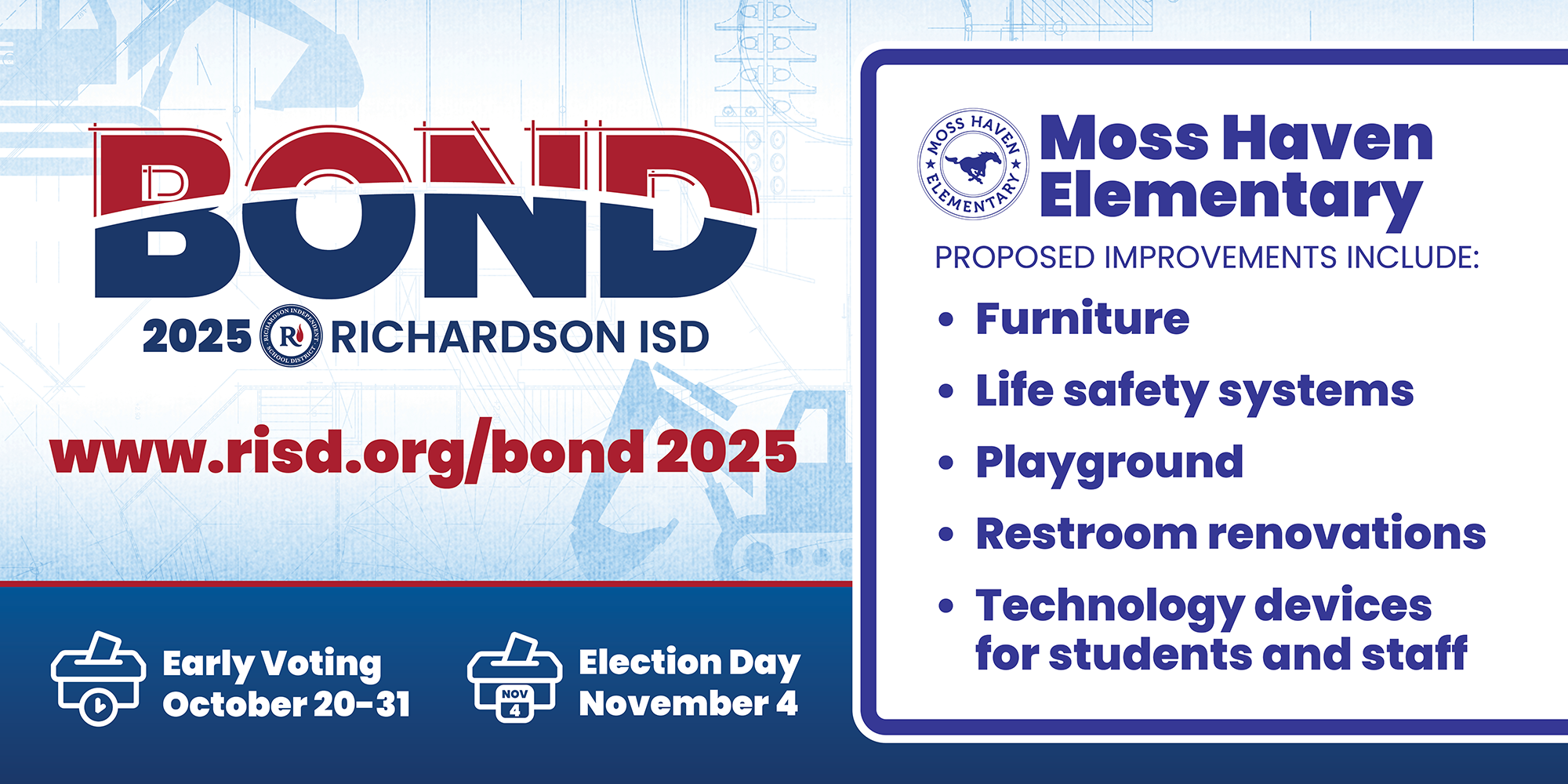 Bond 2025 Moss Haven Elementary proposed improvements: furniture, life safety systems, playground, restroom renovations, technology devices for students and staff. Early voting October 20–31, Election Day November 4.