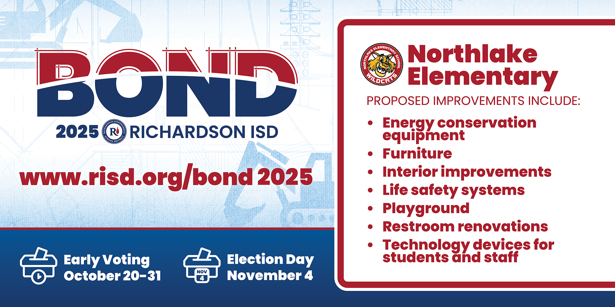 Bond 2025 Northlake Elementary proposed improvements: energy conservation equipment, furniture, interior improvements, life safety systems, playground, restroom renovations, technology devices for students and staff. Early voting October 20–31, Election Day November 4.