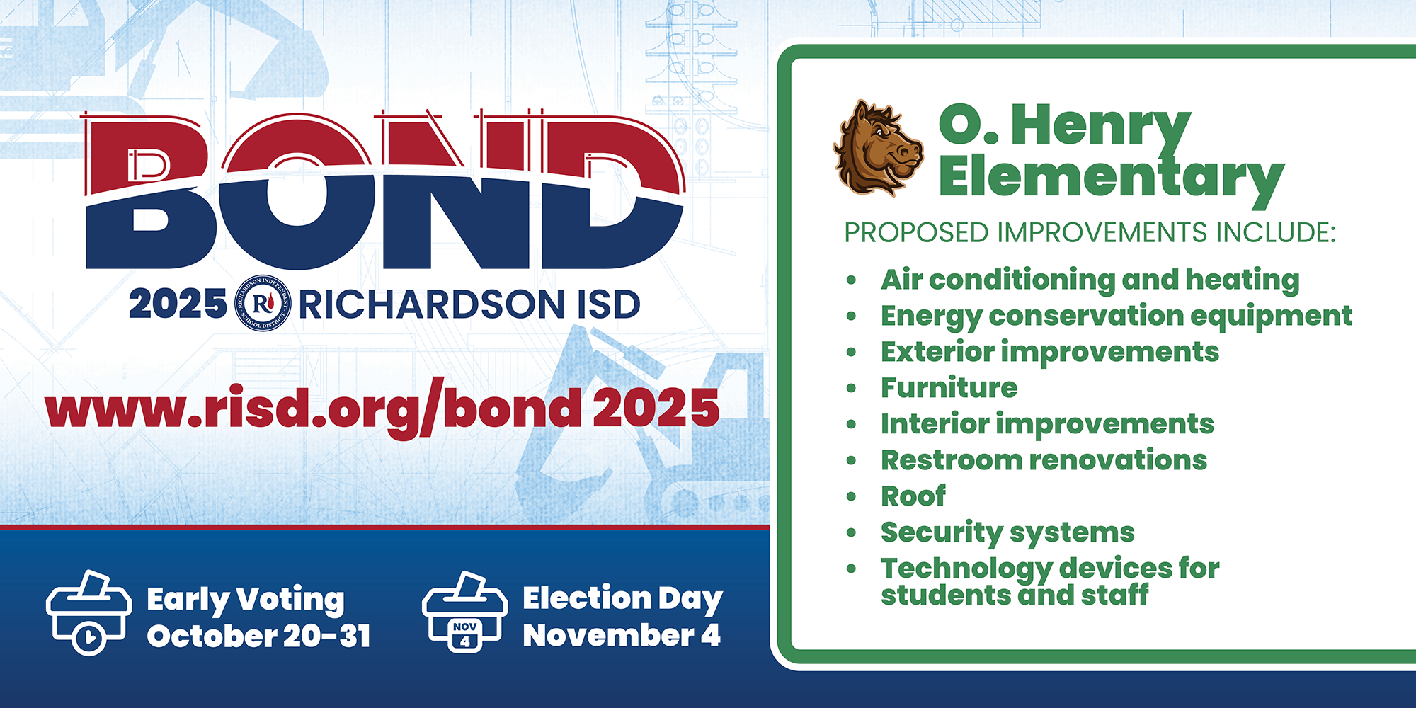 Bond 2025 O. Henry Elementary proposed improvements: air conditioning and heating, energy conservation equipment, exterior improvements, furniture, interior improvements, restroom renovations, roof, security systems, technology devices for students and staff. Early voting October 20–31, Election Day November 4.