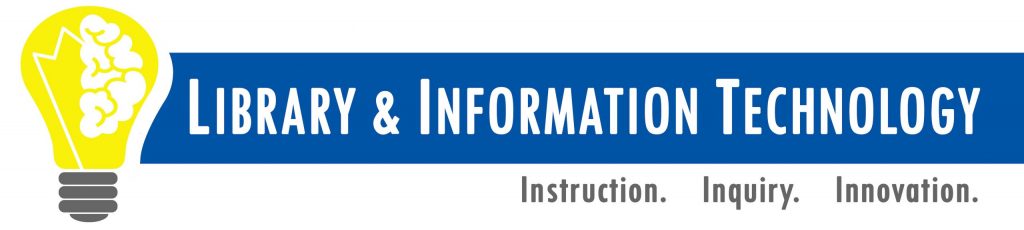 A logo for Library & Information Technology featuring a yellow lightbulb containing a brain outline and the slogan "Instruction. Inquiry. Innovation."