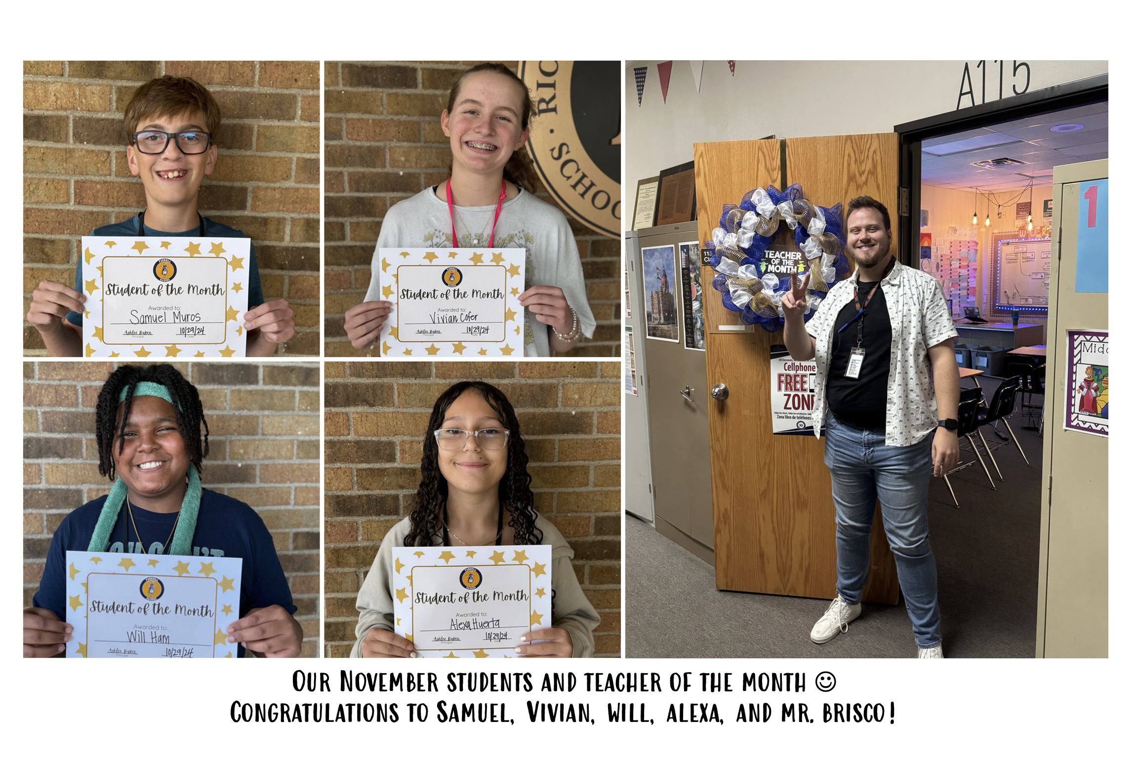 Our November students and teacher of the month! Congratulations to Samuel, Vivian, Will, Alexa, and Mr. Brisco!