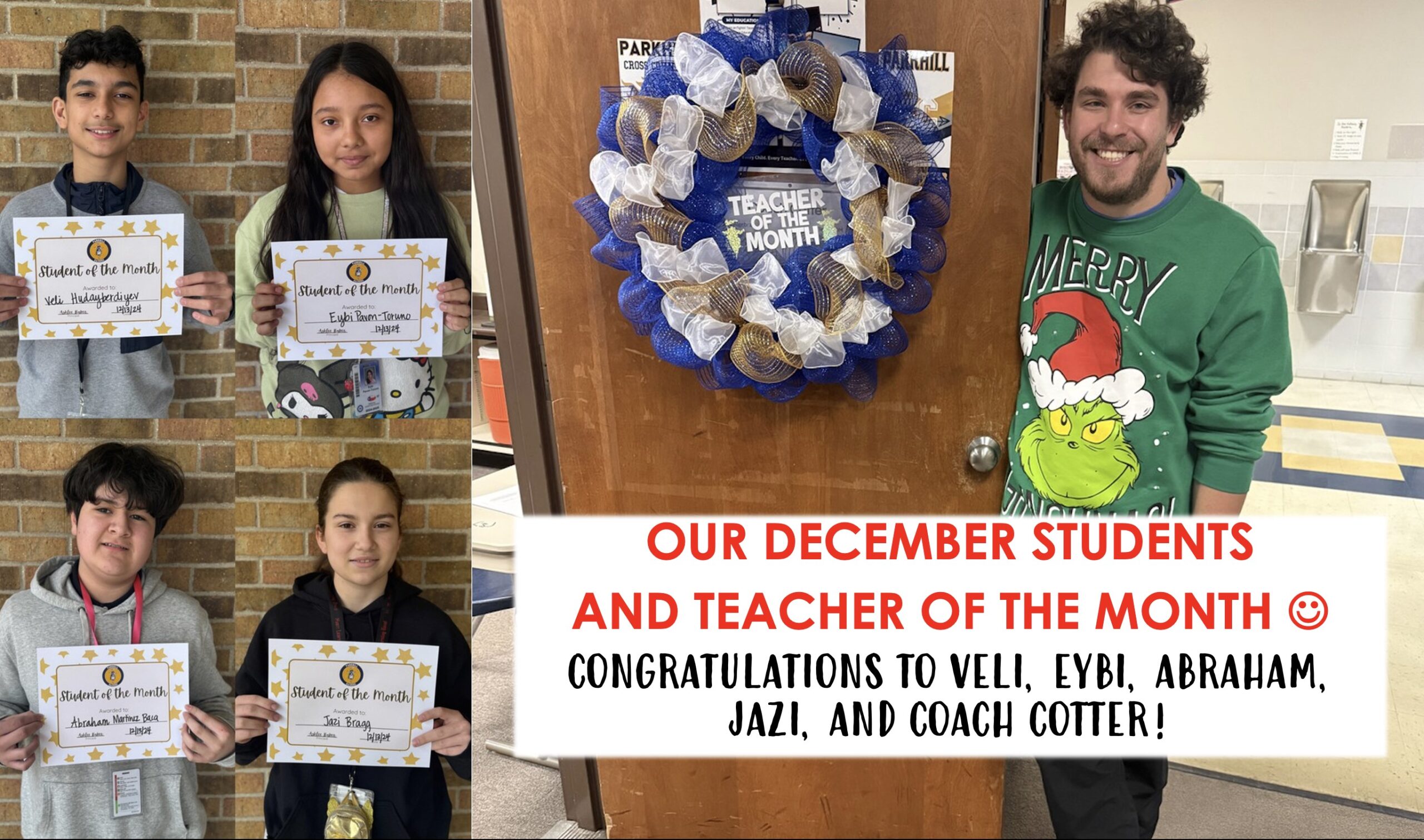 Our December Students and Teacher of the Month (smiley face). Congratulations to Veli, Eybi, Abraham, Jazi, and Coach Cotter!